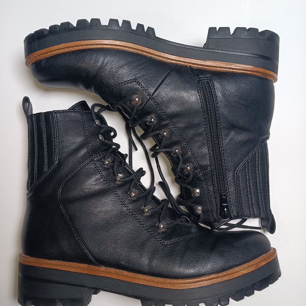Nine West Black Lace-Up Side-Zip Women's Combat Boots with Brown Trim